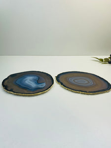 Natural polished Agate Slice drink coasters with Gold Electroplating - Set of 2