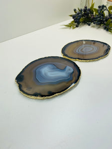 Natural polished Agate Slice drink coasters with Gold Electroplating - Set of 2