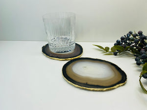 Natural polished Agate Slice drink coasters with Gold Electroplating - Set of 2