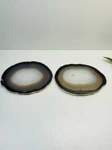 Natural polished Agate Slice drink coasters with Gold Electroplating - Set of 2