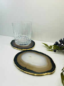 Natural polished Agate Slice drink coasters with Gold Electroplating - Set of 2