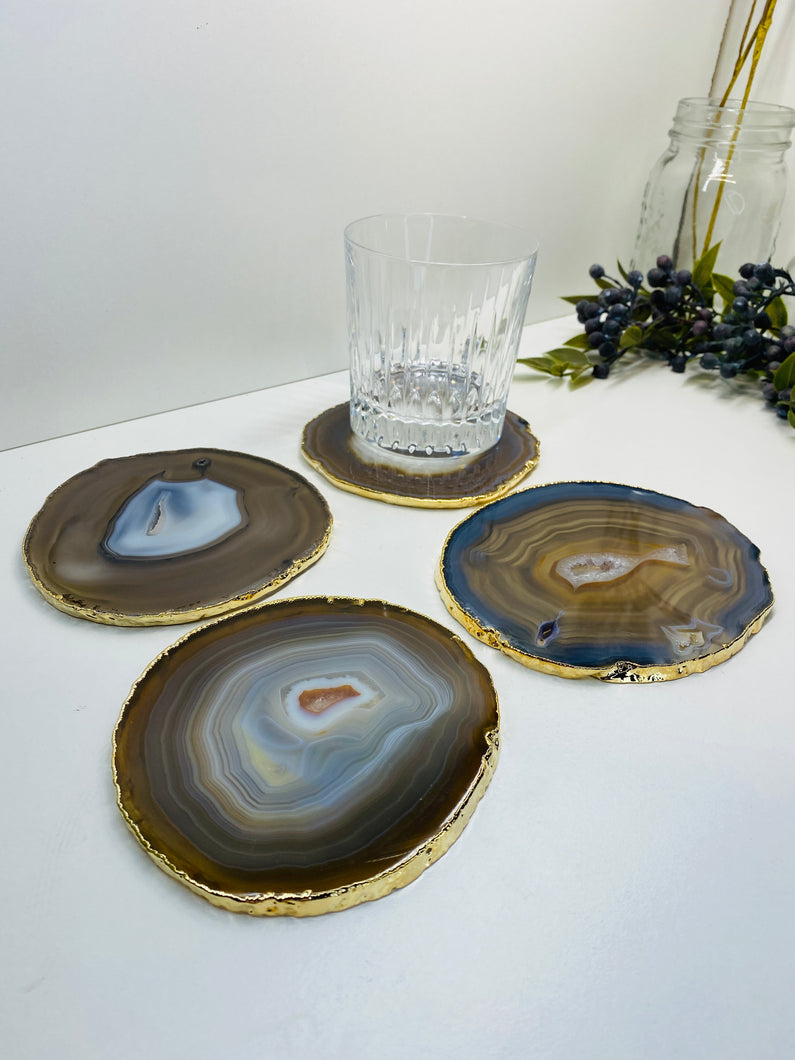 Natural polished Agate Slice drink coasters with Gold Electroplating - Set of 4