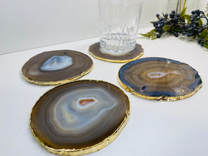 Natural polished Agate Slice drink coasters with Gold Electroplating - Set of 4