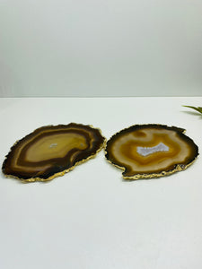 Natural polished Agate Slice drink coasters with Gold Electroplating - Set of 2