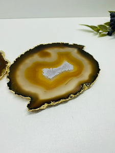 Natural polished Agate Slice drink coasters with Gold Electroplating - Set of 2