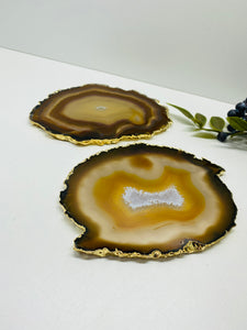 Natural polished Agate Slice drink coasters with Gold Electroplating - Set of 2