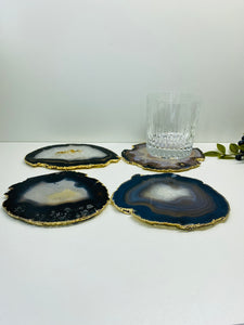 Natural polished Agate Slice drink coasters with Gold Electroplating - Set of 4