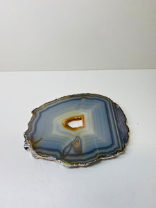 Natural polished Agate Slice drink coaster with Silver Electroplating around the edges