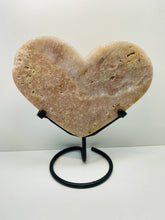 Load image into Gallery viewer, Pink Amethyst Crystal heart on black display stand