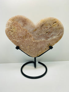 Pink Amethyst Crystal heart on black display stand