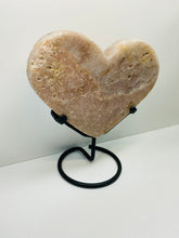 Load image into Gallery viewer, Pink Amethyst Crystal heart on black display stand