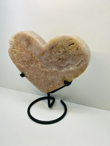 Pink Amethyst Crystal heart on black display stand