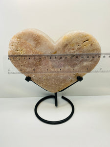 Pink Amethyst Crystal heart on black display stand