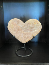 Load image into Gallery viewer, Pink Amethyst Crystal heart on black display stand