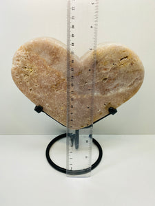 Pink Amethyst Crystal heart on black display stand