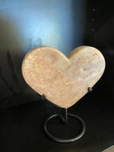 Load image into Gallery viewer, Pink Amethyst Crystal heart on black display stand