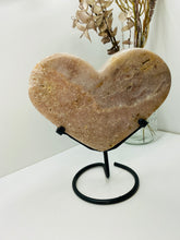 Load image into Gallery viewer, Pink Amethyst Crystal heart on black display stand