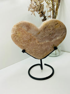 Pink Amethyst Crystal heart on black display stand