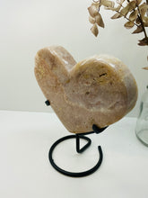 Load image into Gallery viewer, Pink Amethyst Crystal heart on black display stand