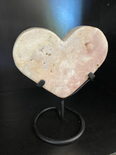 Load image into Gallery viewer, Pink Amethyst Crystal heart on black display stand