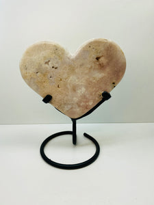 Pink Amethyst Crystal heart on black display stand