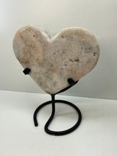 Load image into Gallery viewer, Pink Amethyst Crystal heart on black display stand