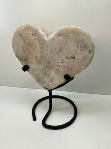 Pink Amethyst Crystal heart on black display stand