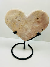 Load image into Gallery viewer, Pink Amethyst Crystal heart on black display stand