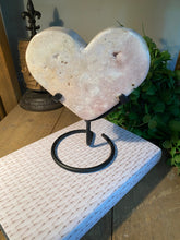 Load image into Gallery viewer, Pink Amethyst Crystal heart on black display stand