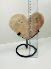 Load image into Gallery viewer, Pink Amethyst Crystal heart on black display stand