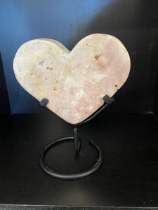 Pink Amethyst Crystal heart on black display stand