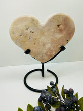 Load image into Gallery viewer, Pink Amethyst Crystal heart on black display stand