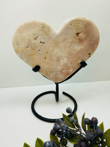 Pink Amethyst Crystal heart on black display stand