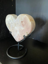 Load image into Gallery viewer, Pink Amethyst Crystal heart on black display stand