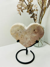 Load image into Gallery viewer, Pink Amethyst Crystal heart on black display stand