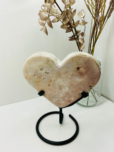 Pink Amethyst Crystal heart on black display stand