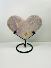 Load image into Gallery viewer, Pink Amethyst Crystal heart on black display stand