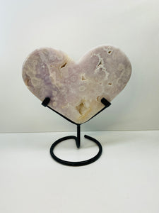 Pink Amethyst Crystal heart on black display stand