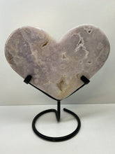 Load image into Gallery viewer, Pink Amethyst Crystal heart on black display stand