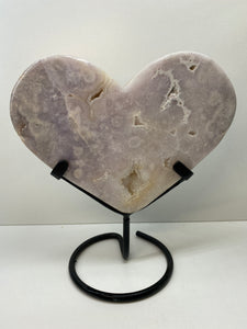 Pink Amethyst Crystal heart on black display stand