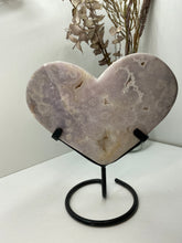 Load image into Gallery viewer, Pink Amethyst Crystal heart on black display stand