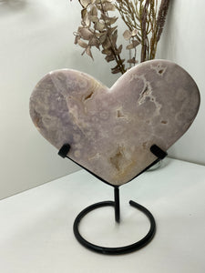 Pink Amethyst Crystal heart on black display stand