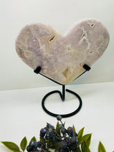 Load image into Gallery viewer, Pink Amethyst Crystal heart on black display stand