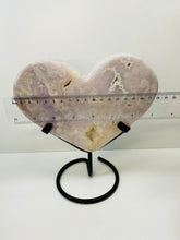 Load image into Gallery viewer, Pink Amethyst Crystal heart on black display stand