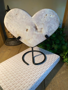 Pink Amethyst Crystal heart on black display stand