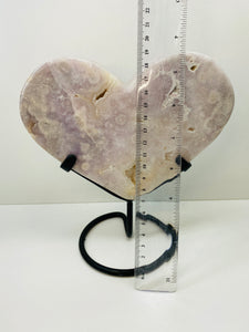 Pink Amethyst Crystal heart on black display stand