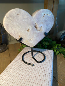 Pink Amethyst Crystal heart on black display stand