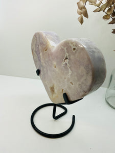 Pink Amethyst Crystal heart on black display stand