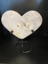 Load image into Gallery viewer, Pink Amethyst Crystal heart on black display stand