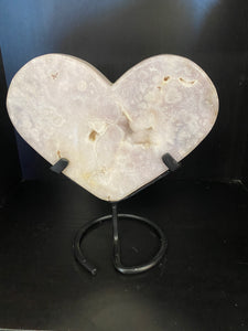 Pink Amethyst Crystal heart on black display stand